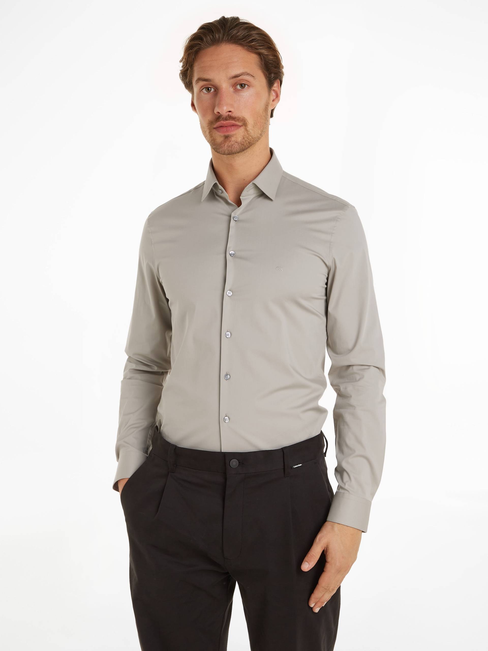 Calvin Klein Businesshemd »POPLIN STRETCH SLIM SHIRT«, mit Kentkragen, Logoprint auf Brusthöhe von Calvin Klein