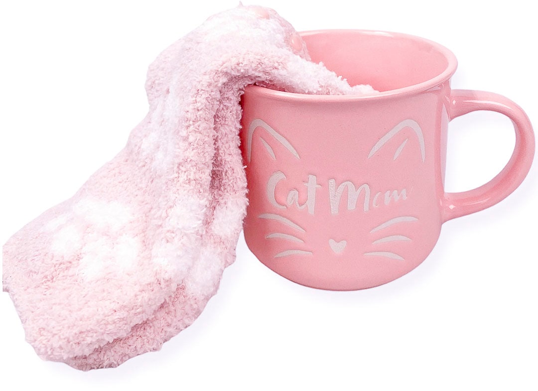 Capelli New York Kuschelsocken, (1 Tasse und 1 Paar Socken), Geschenkset mit rosanen Kuschelsocken und pinker "Cat Mom" Tasse von Capelli New York