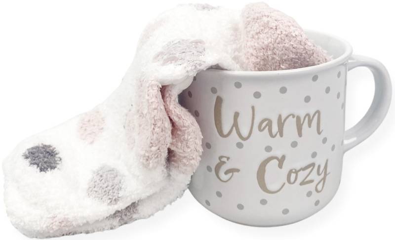 Capelli New York Kuschelsocken, (1 Tasse und 1 Paar Socken), Geschenkset mit Kuschelsocken und gepunkteter "Warm & Cozy" Tasse von Capelli New York