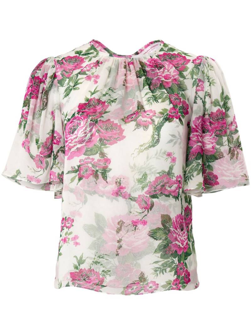 Carolina Herrera gathered-detail floral-print silk blouse - White von Carolina Herrera