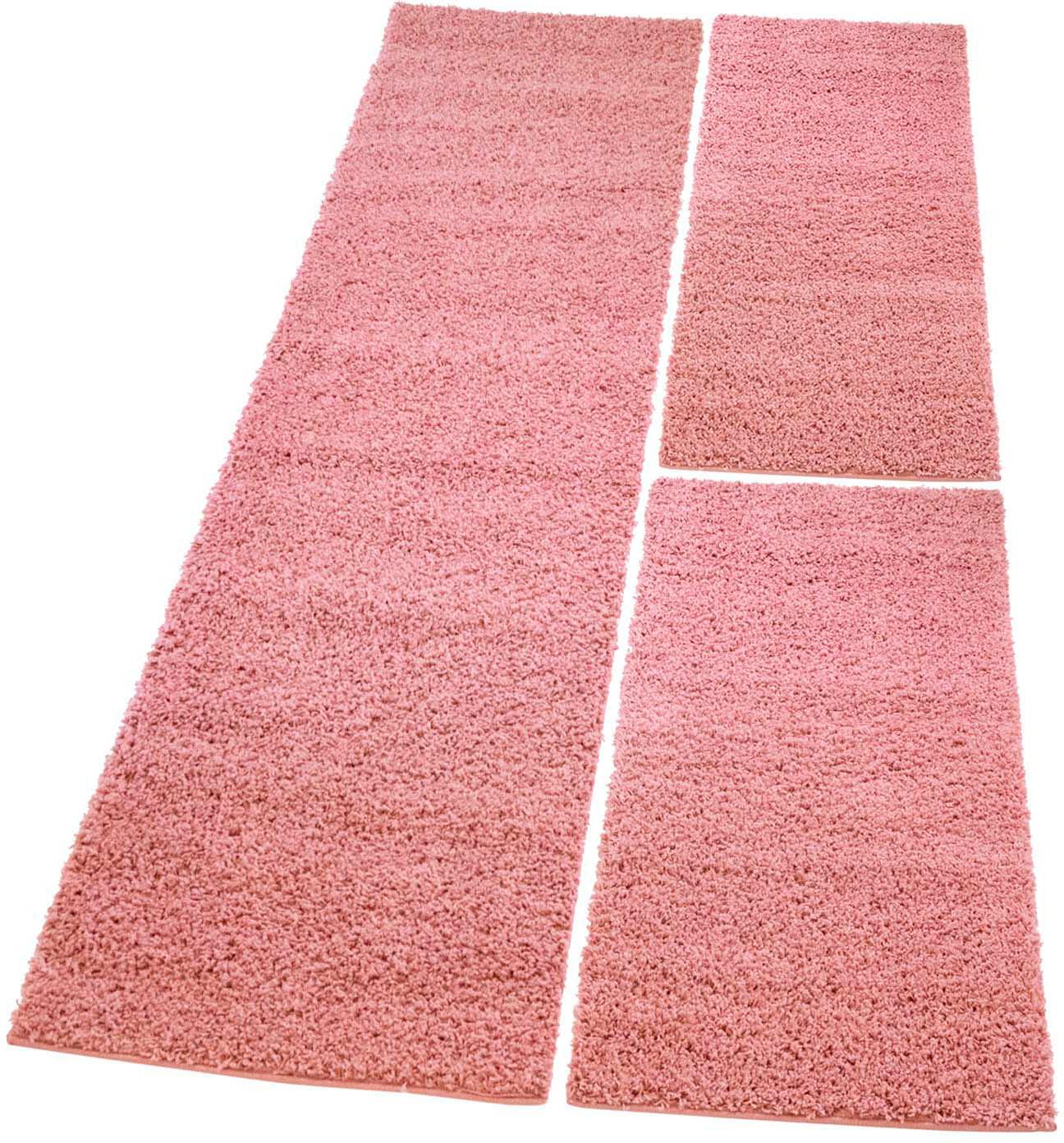 Carpet City Bettumrandung »Pastell Shaggy 300«, (3 tlg.), Shaggy Hochflor Bettvorleger, Uni-Farben, Weich, Läufer-Set von Carpet City