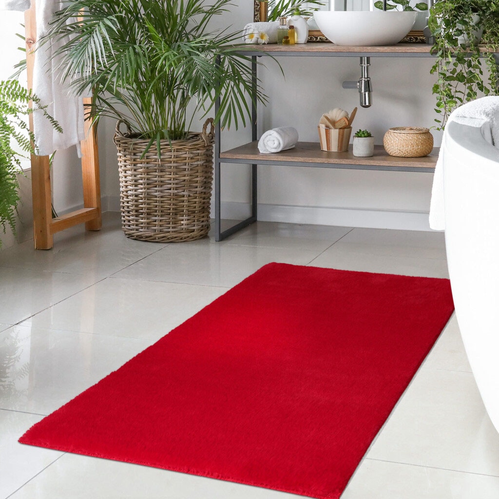 Carpet City Badematte »Topia Mats, Badteppich uni«, Höhe 14 mm, rutschhemmend beschichtet, strapazierfähig, Hochflor, Kaninchen Haptik, Polyester, Badezimmerteppich, waschbar von Carpet City