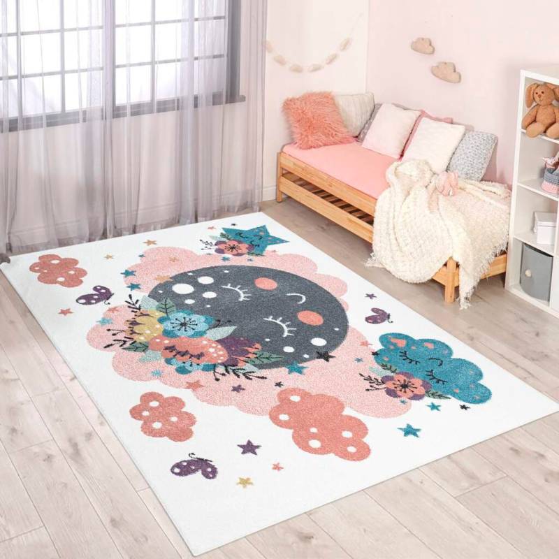 Carpet City Kinderteppich »ANIME917«, rechteckig, Kinderzimmer Teppich Modern mit Mond, Blumen, Wolken, Creme, Multi von Carpet City