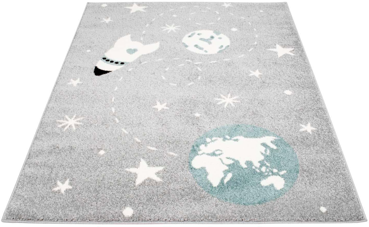 Carpet City Kinderteppich »Bubble Kids 1319«, rechteckig, 11 mm Höhe, Spielteppich, Weltall, Rakete, Weicher Flor, Pflegeleicht von Carpet City