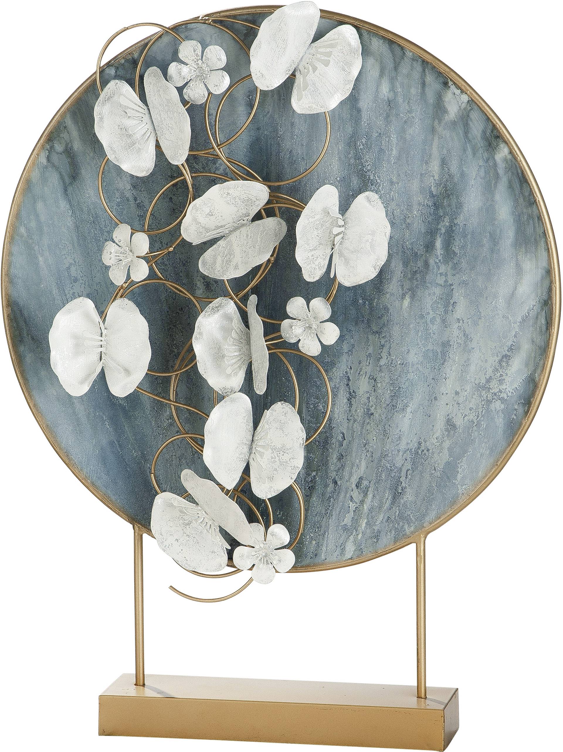 Casablanca by Gilde Dekofigur »Dekoobjekt Blossoms, blau/gold«, Dekoobjekt, aus Metall, Höhe 65 cm, Scheibe mit Blumen, Wohnzimmer von Casablanca by Gilde