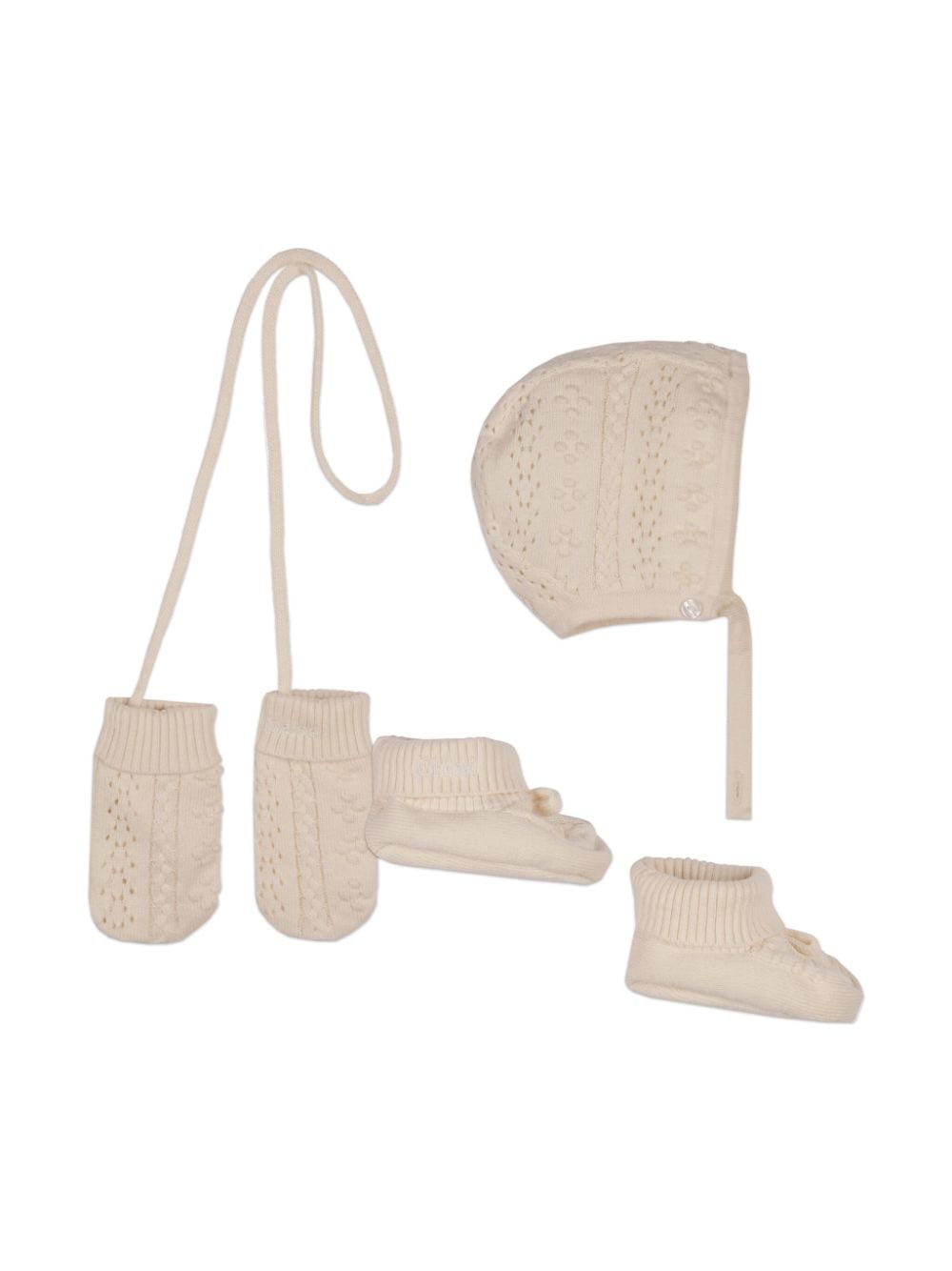 Chloé Kids bow-detail pointelle-knit hat set (set of three) - Neutrals von Chloé Kids