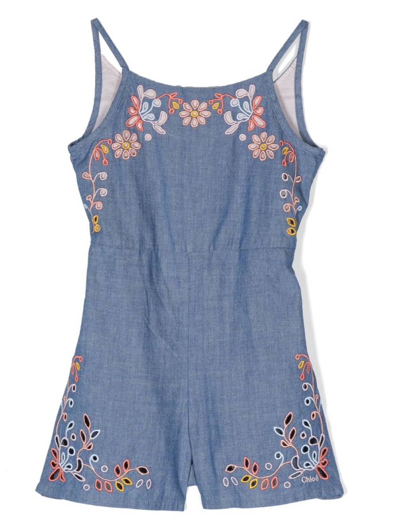 Chloé Kids floral-embroidered denim playsuit - Blue von Chloé Kids