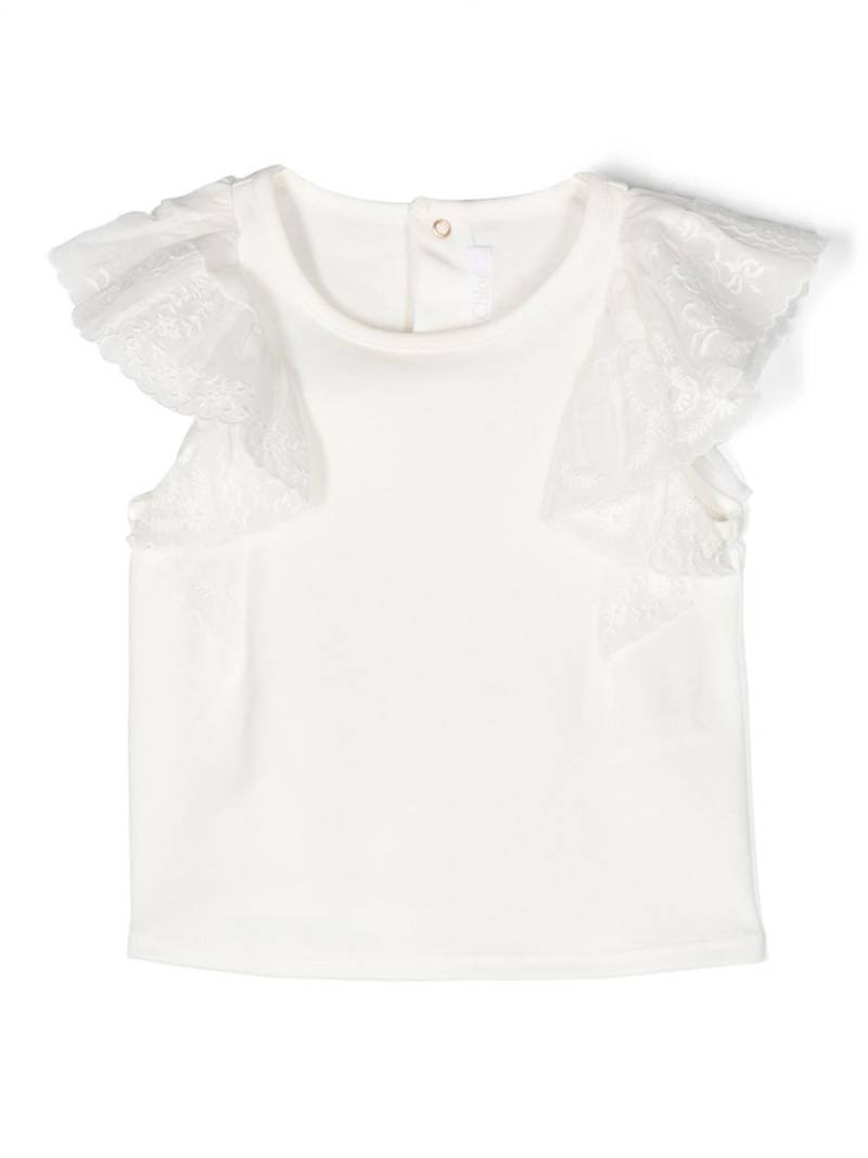 Chloé Kids floral-embroidered flutter-sleeve T-shirt - White von Chloé Kids