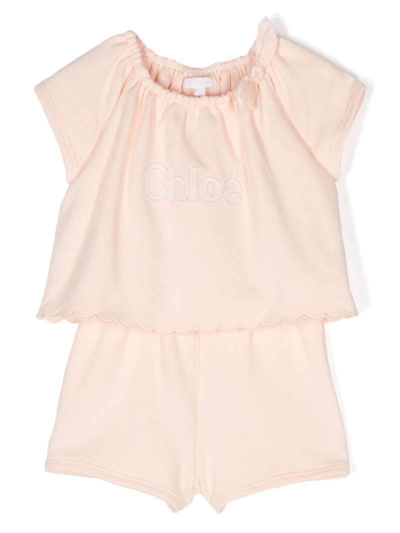 Chloé Kids logo-embroidered cotton playsuit - Pink von Chloé Kids