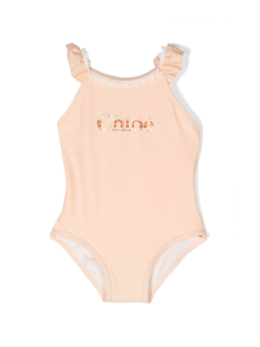 Chloé Kids ruffle-trim logo-print swimsuit - Neutrals von Chloé Kids