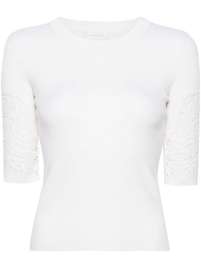 Chloé lace-panelled ribbed-knit T-shirt - Neutrals von Chloé