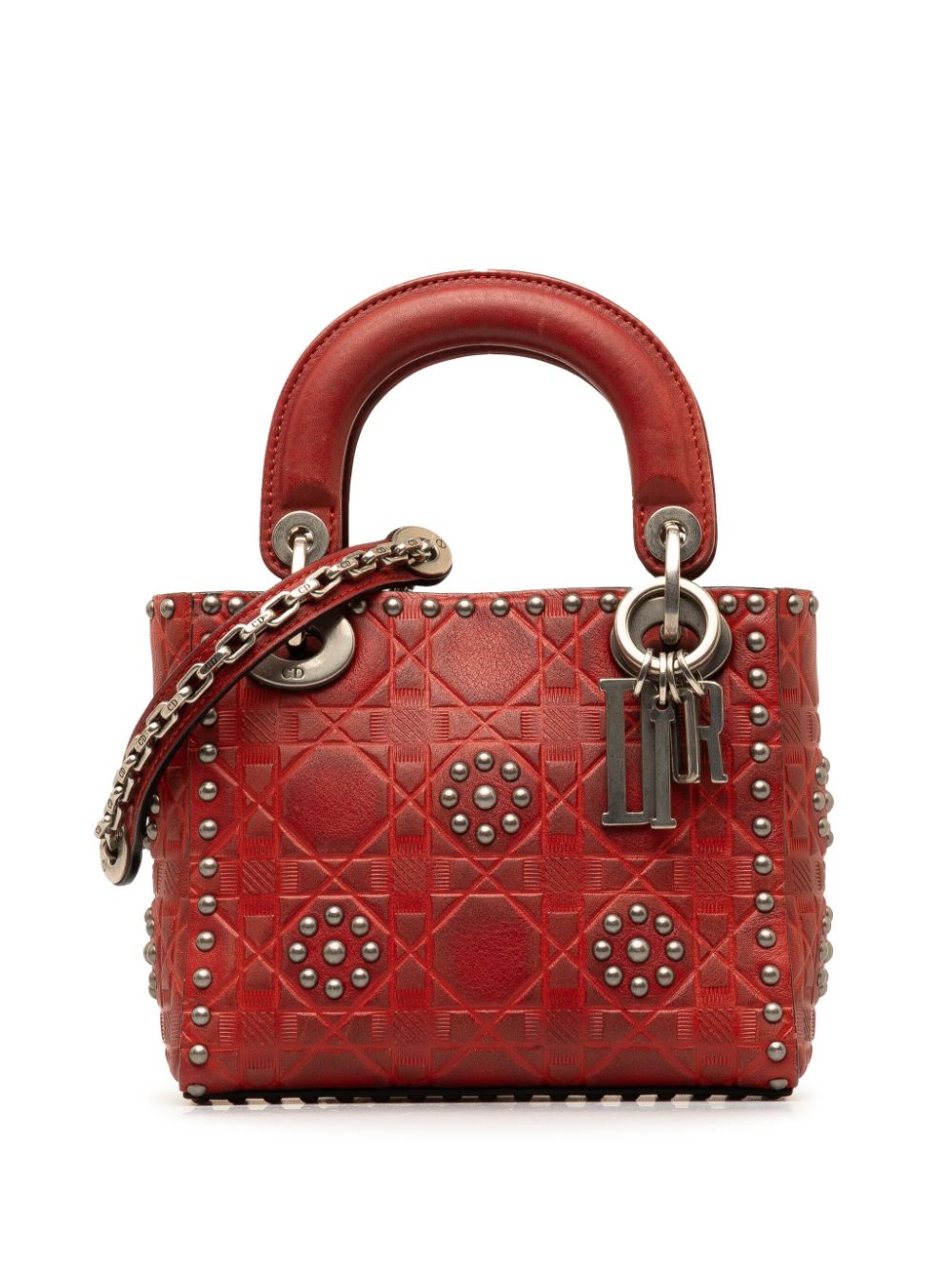 Christian Dior Pre-Owned 2017 Mini Embossed Calfskin Cannage Studded Supple Lady Dior satchel - Red von Christian Dior Pre-Owned