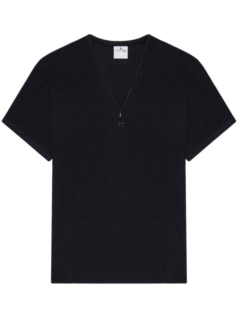 Courrèges 90's V-neck ribbed T-shirt - Black von Courrèges