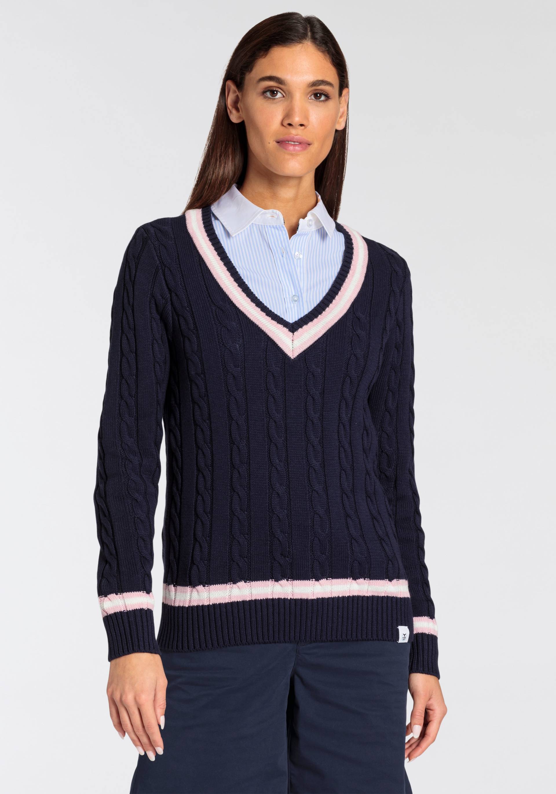 DELMAO V-Ausschnitt-Pullover, mit Zopfstrickmuster im College-Stil von DELMAO