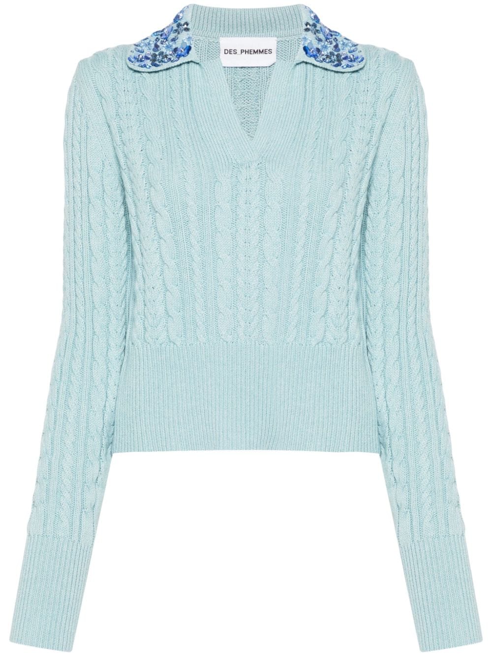 DES PHEMMES floral appliqué cable knit top - Blue von DES PHEMMES