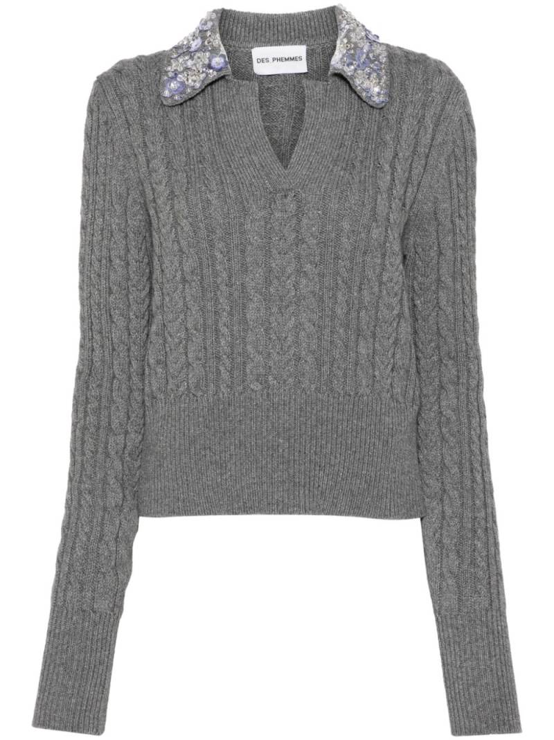 DES PHEMMES floral appliqué cable knit top - Grey von DES PHEMMES