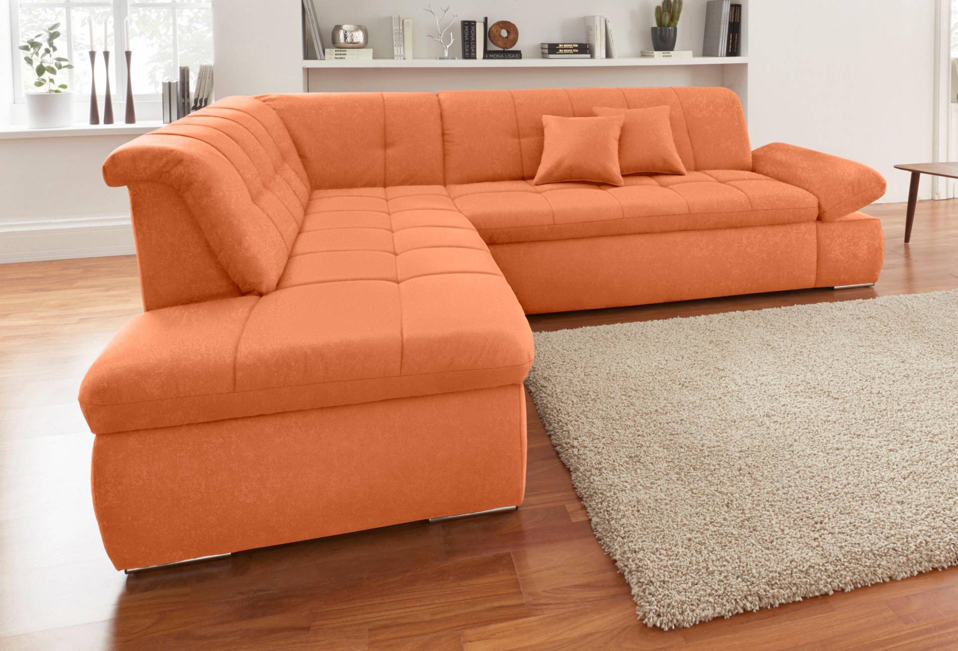 DOMO collection Ecksofa »NMoric incl. Zierkissen B/T/H: 273/216/80 cm L-Form«, Ottomanen-Abschluss, wahlweise mit Bettfunktion und Armlehnverstellung von DOMO collection