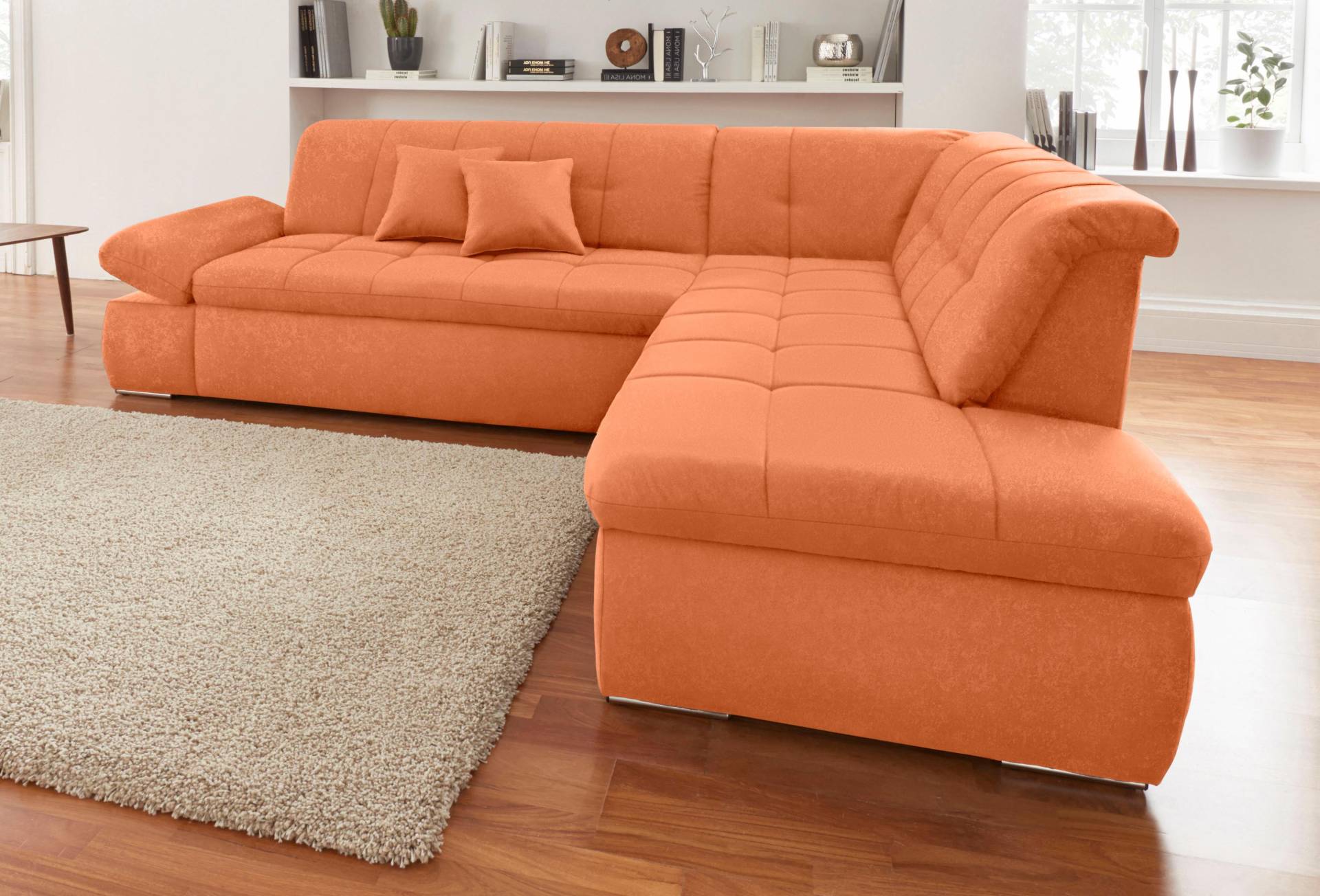 DOMO collection Ecksofa »NMoric incl. Zierkissen B/T/H: 273/216/80 cm L-Form«, Ottomanen-Abschluss, wahlweise mit Bettfunktion und Armlehnverstellung von DOMO collection