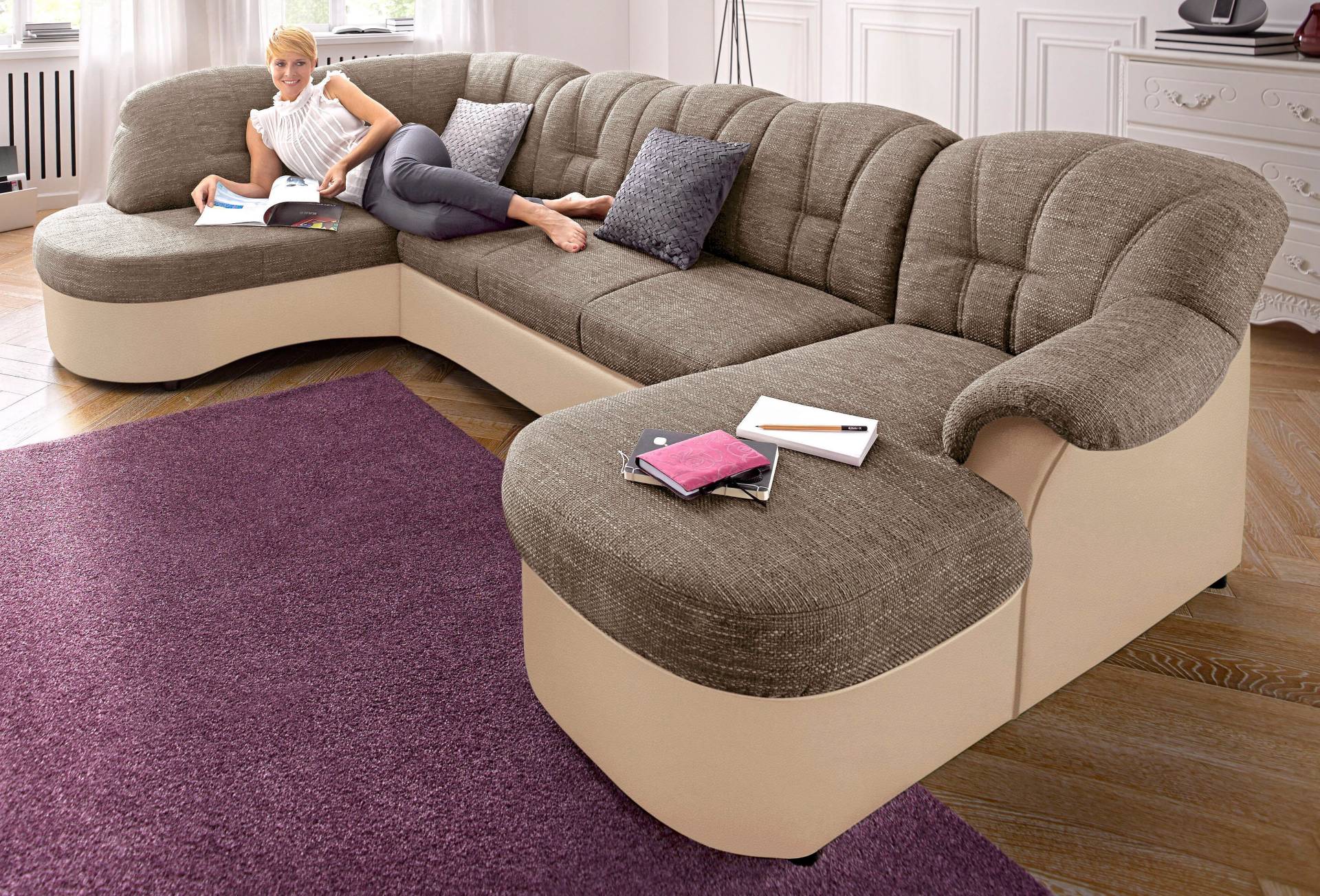 DOMO collection Wohnlandschaft »Flores auch in Leder-Bezug, B/T/H: 293/180/86 cm, U-Form«, (3 St.), wahlweise mit Bettfunktion, wahlweise mit Federkern DOMO collection Wohnlandschaft »Flores auch in Leder-Bezug, B/T/H: 293/180/86 cm, U-Form«, (3 St.), wahlweise mit Bettfunktion, wahlweise mit Federkern von DOMO collection