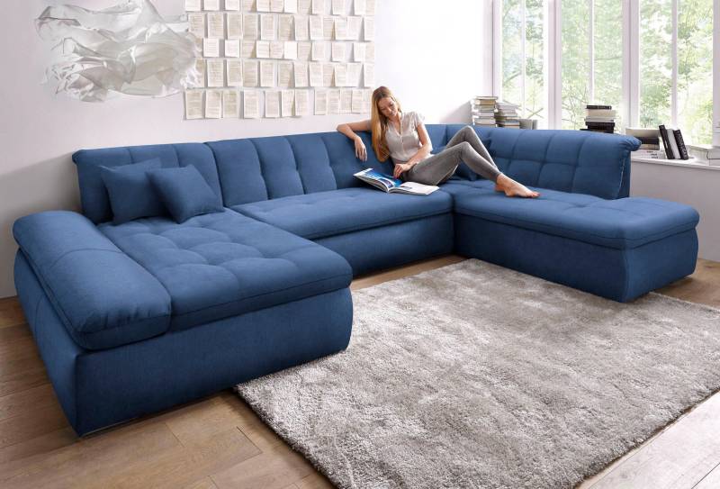 DOMO collection Wohnlandschaft »NMoric im XXL-Format, B/T/H: 353/216/80 cm, incl. Zierkissen U-Form«, wahlweise mit Bettfunktion und Armlehnenverstellung von DOMO collection