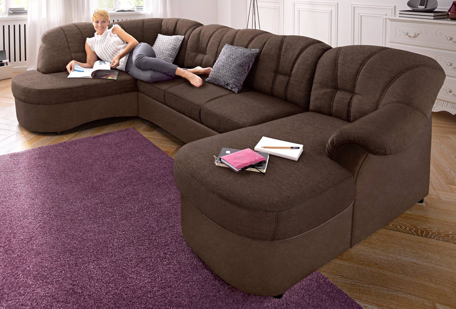 DOMO collection Wohnlandschaft »Flores auch in Leder-Bezug, B/T/H: 293/180/86 cm, U-Form«, (3 St.), wahlweise mit Bettfunktion, wahlweise mit Federkern DOMO collection Wohnlandschaft »Flores auch in Leder-Bezug, B/T/H: 293/180/86 cm, U-Form«, (3 St.), wahlweise mit Bettfunktion, wahlweise mit Federkern von DOMO collection