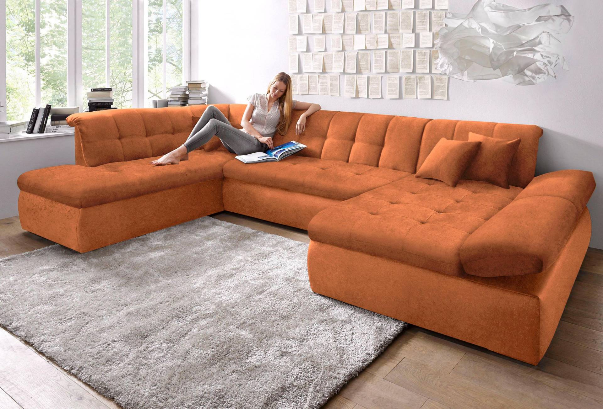 DOMO collection Wohnlandschaft »NMoric im XXL-Format, B/T/H: 353/216/80 cm, incl. Zierkissen U-Form«, wahlweise mit Bettfunktion und Armlehnenverstellung von DOMO collection