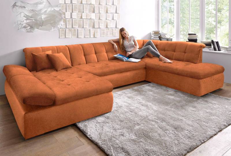 DOMO collection Wohnlandschaft »NMoric im XXL-Format, B/T/H: 353/216/80 cm, incl. Zierkissen U-Form«, wahlweise mit Bettfunktion und Armlehnenverstellung von DOMO collection