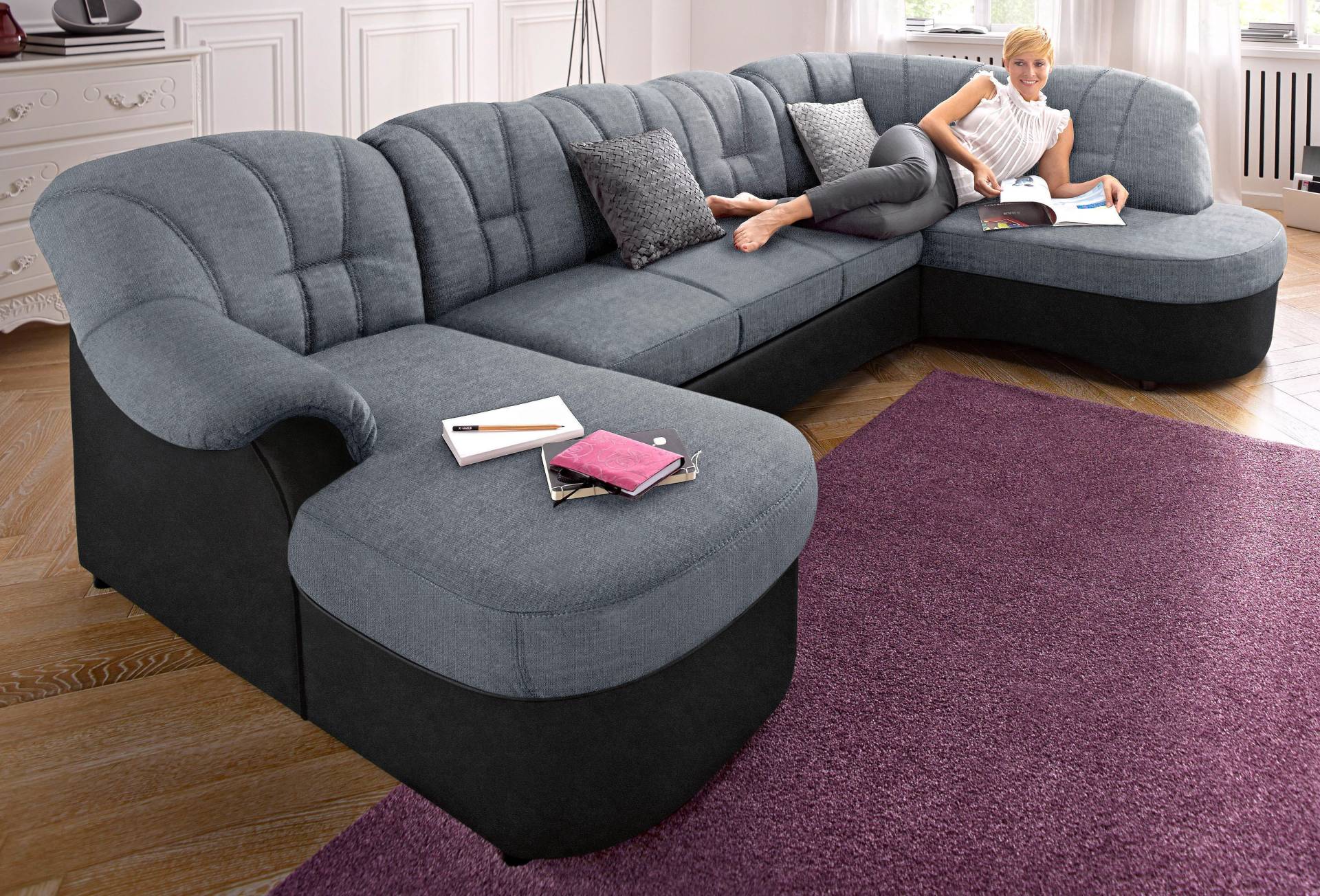 DOMO collection Wohnlandschaft »Flores auch in Leder-Bezug, B/T/H: 293/180/86 cm, U-Form«, (3 St.), wahlweise mit Bettfunktion, wahlweise mit Federkern DOMO collection Wohnlandschaft »Flores auch in Leder-Bezug, B/T/H: 293/180/86 cm, U-Form«, (3 St.), wahlweise mit Bettfunktion, wahlweise mit Federkern von DOMO collection
