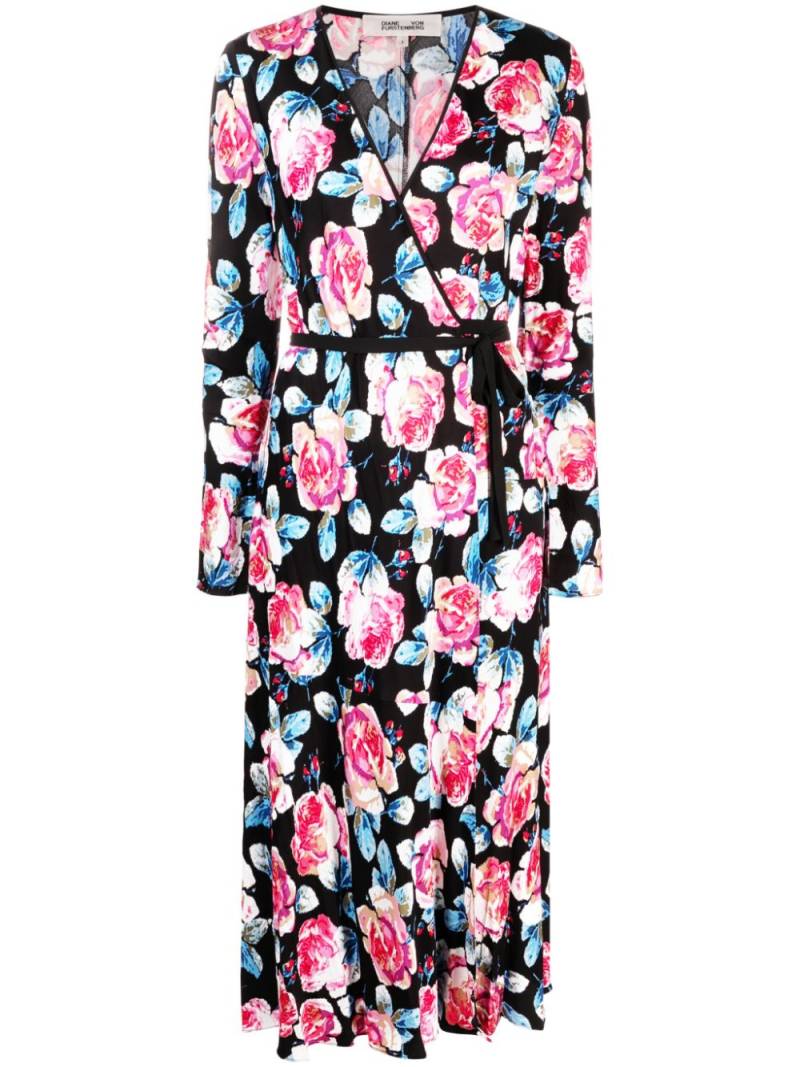 DVF Diane von Furstenberg Anika rose-print midi wrap dress - Black von DVF Diane von Furstenberg