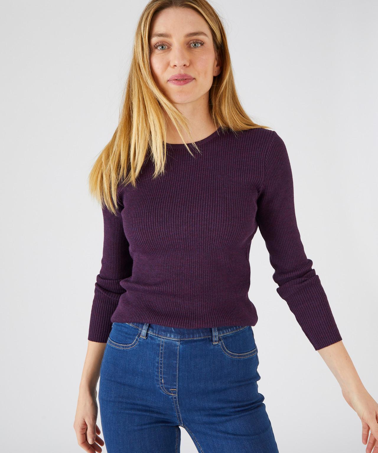 Rundhalspullover Rippstrick Uni Und Gestreift, 50 % Merino-wolle. Damen Violett 46/48 von Damart