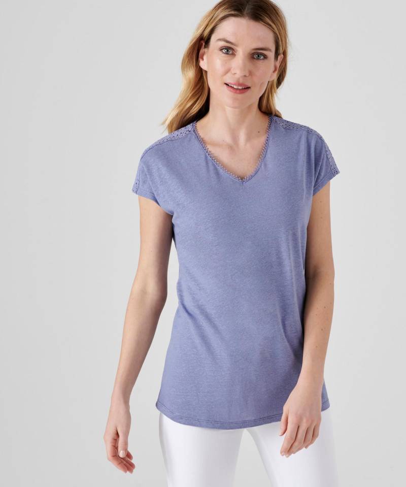 T-shirt Aus Leinen-mix Und Viskose, V-ausschnitt Mit Häkel-bordüre. Überschnittene Ärmel. Damen Blau 38/40 von Damart