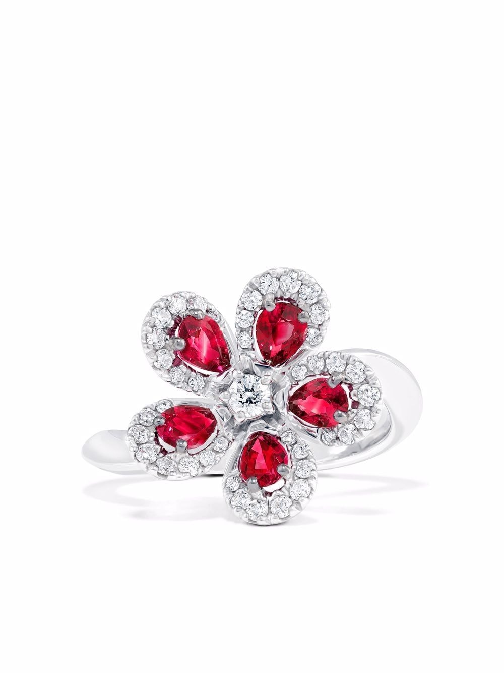 David Morris 18kt white gold Miss Daisy single flower ruby and diamond ring - Silver von David Morris