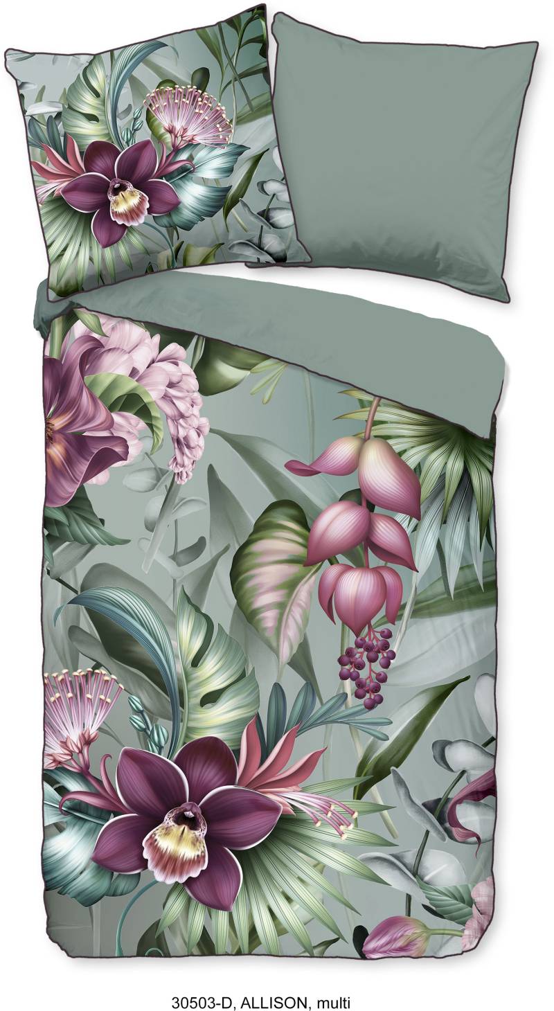 Descanso Wendebettwäsche »Allison«, Baumwolle, Satin, 135x200, Biese, Reissverschluss, Wende, Blumen Grün von Descanso