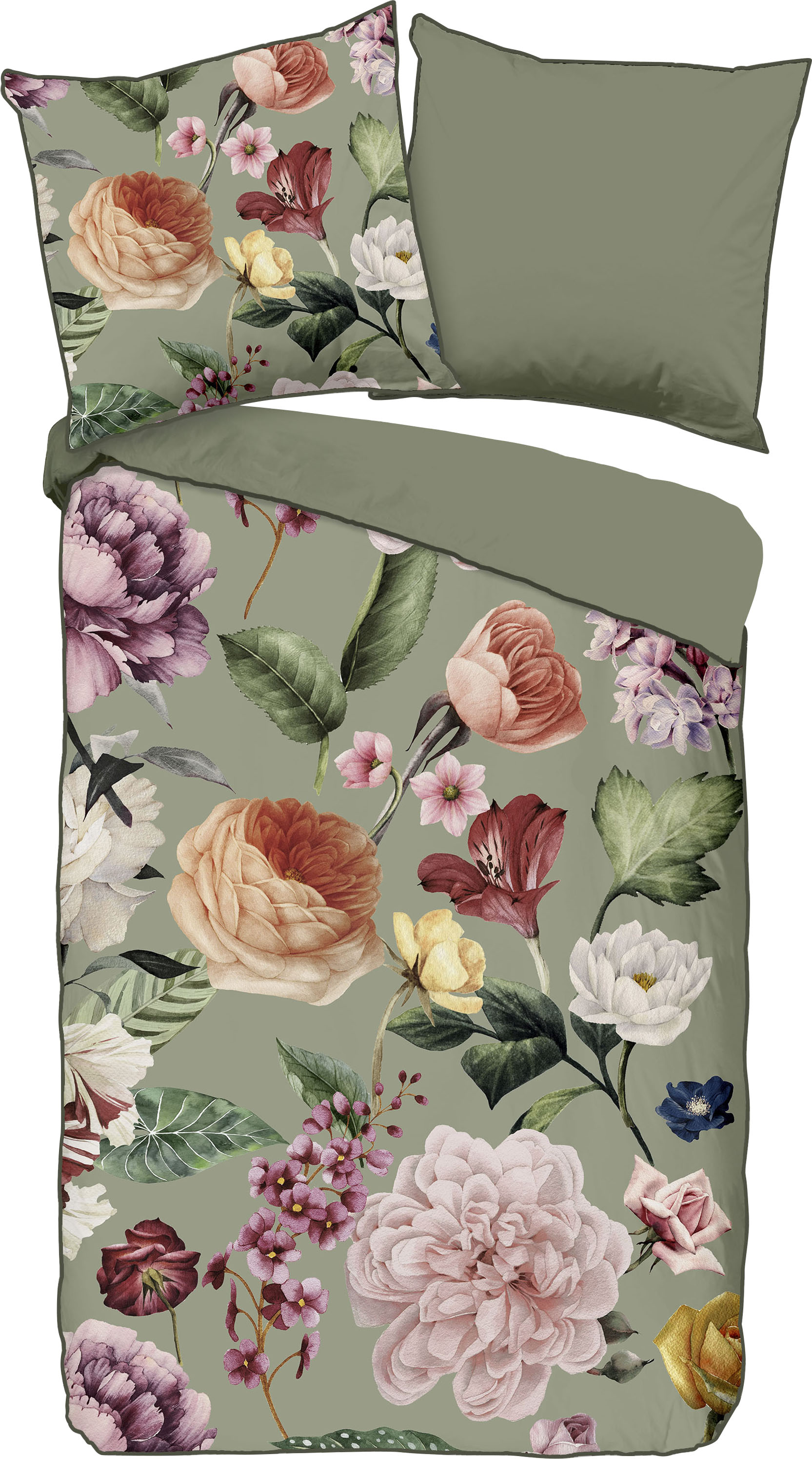 Descanso Wendebettwäsche »Fiori«, Baumwolle, Satin, 135x200, Biese, Reissverschluss, Wende, Blumen Sand von Descanso