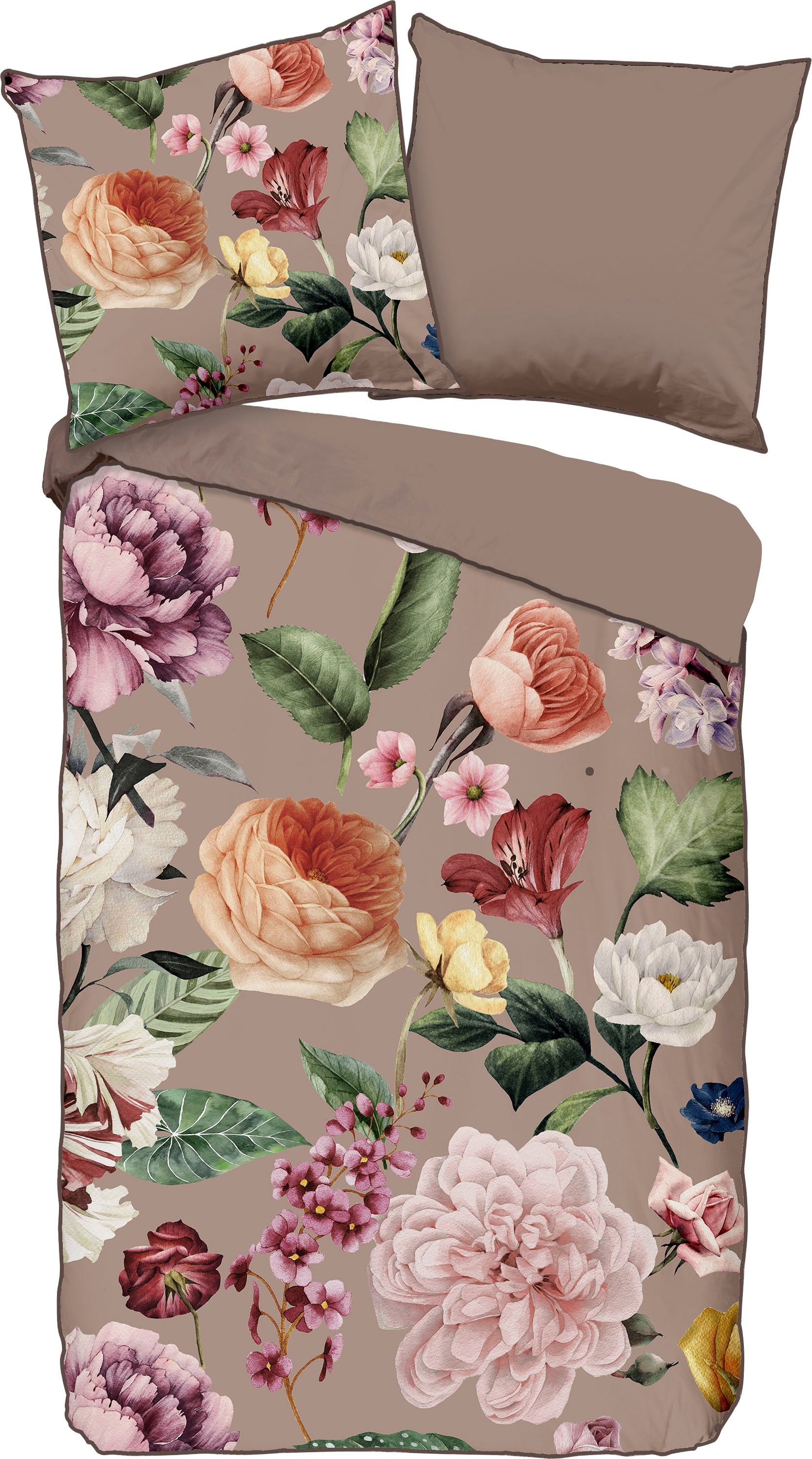 Descanso Wendebettwäsche »Fiori«, Baumwolle, Satin, 135x200, Biese, Reissverschluss, Wende, Blumen Sand von Descanso