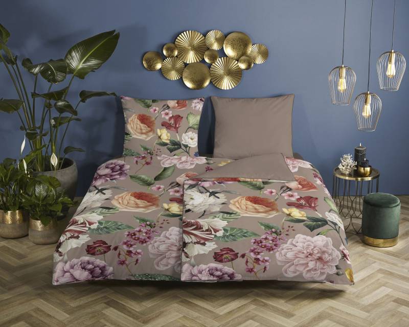 Descanso Wendebettwäsche »Fiori«, Baumwolle, Satin, 135x200, Biese, Reissverschluss, Wende, Blumen Sand von Descanso