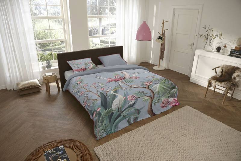 Descanso Wendebettwäsche »Sarenza«, Mako Satin, 135x200, Biese, Reissverschluss, Wendeoptik, Blumen, Grau von Descanso