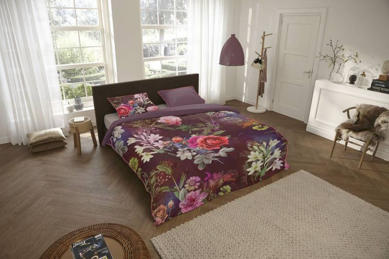 Descanso Wendebettwäsche »Simone«, Mako Satin, 135x200, Biese, Reissverschluss, Wende, Blumen, Bordeaux von Descanso