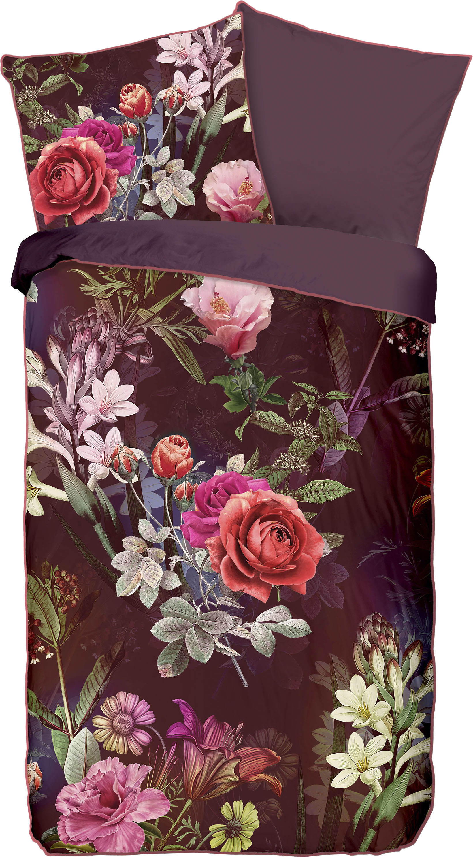 Descanso Wendebettwäsche »Simone«, Mako Satin, 135x200, Biese, Reissverschluss, Wende, Blumen, Bordeaux von Descanso