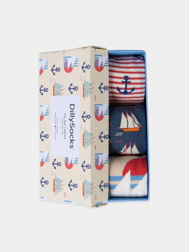 - Socken-Geschenkbox in Gelb Blau Rot mit Wasser Motiv/Muster von DillySocks