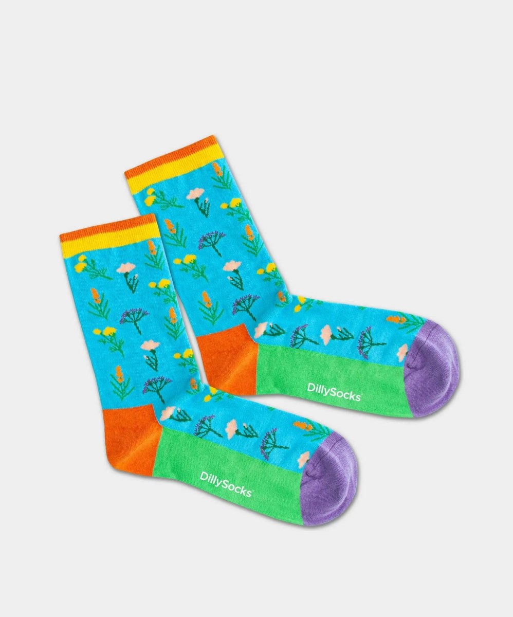 - Damensocken in Blau mit Blumen Motiv/Muster - Damensocken in Blau mit Blumen Motiv/Muster von DillySocks