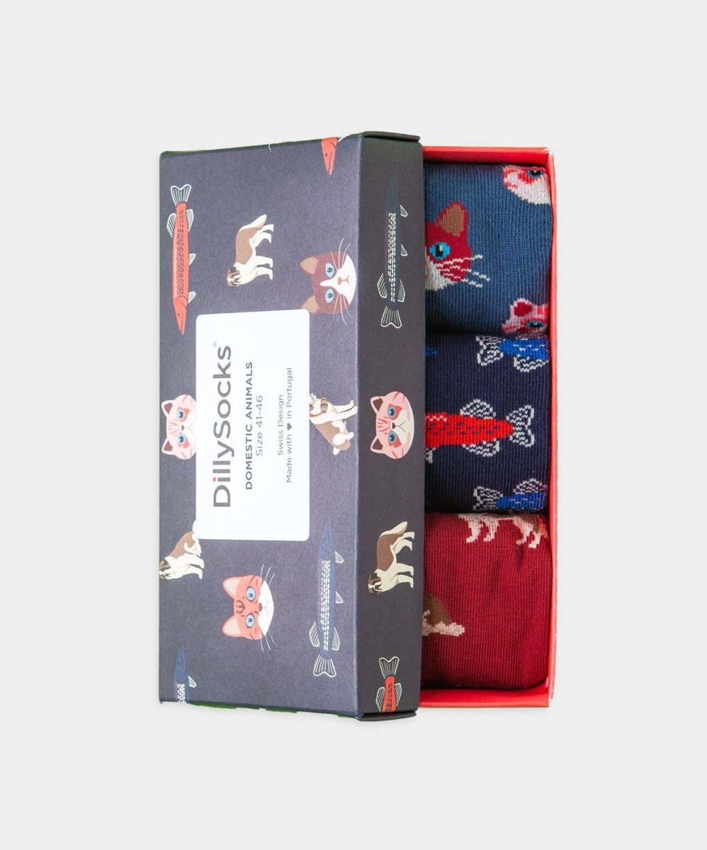 - Socken-Geschenkbox in Blau Rot mit Hund Tier Katze Motiv/Muster - Socken-Geschenkbox in Blau Rot mit Hund Tier Katze Motiv/Muster von DillySocks