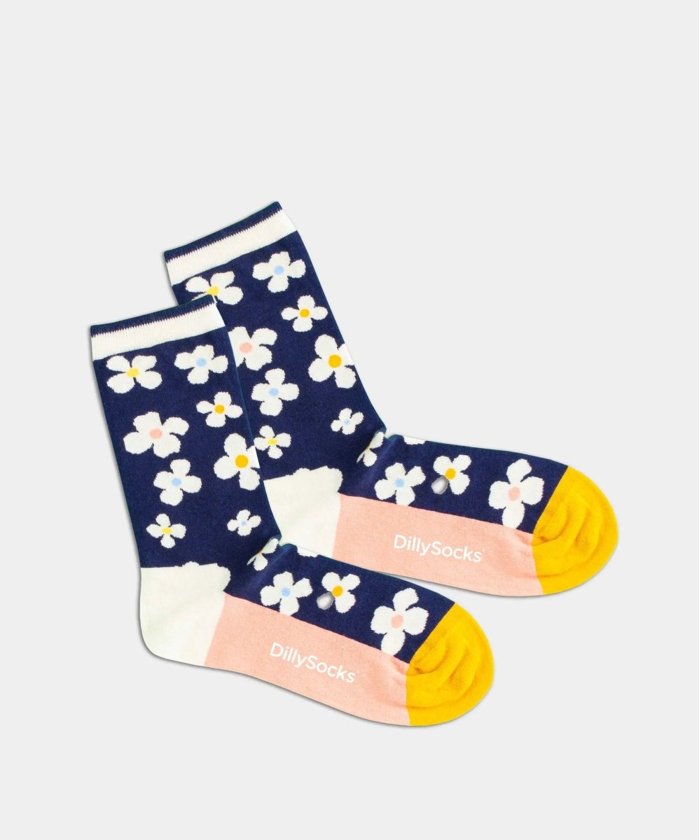 - Damensocken in Blau mit Blumen Motiv/Muster - Damensocken in Blau mit Blumen Motiv/Muster von DillySocks