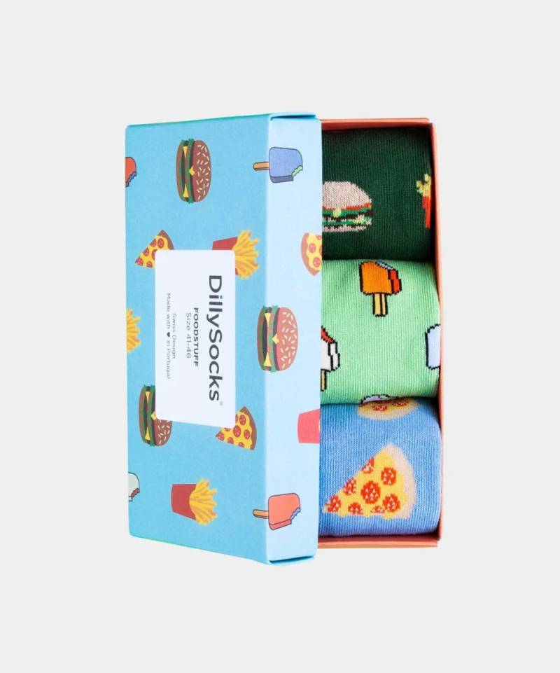 - Socken-Geschenkbox in Blau Grün mit Essen Motiv/Muster von DillySocks