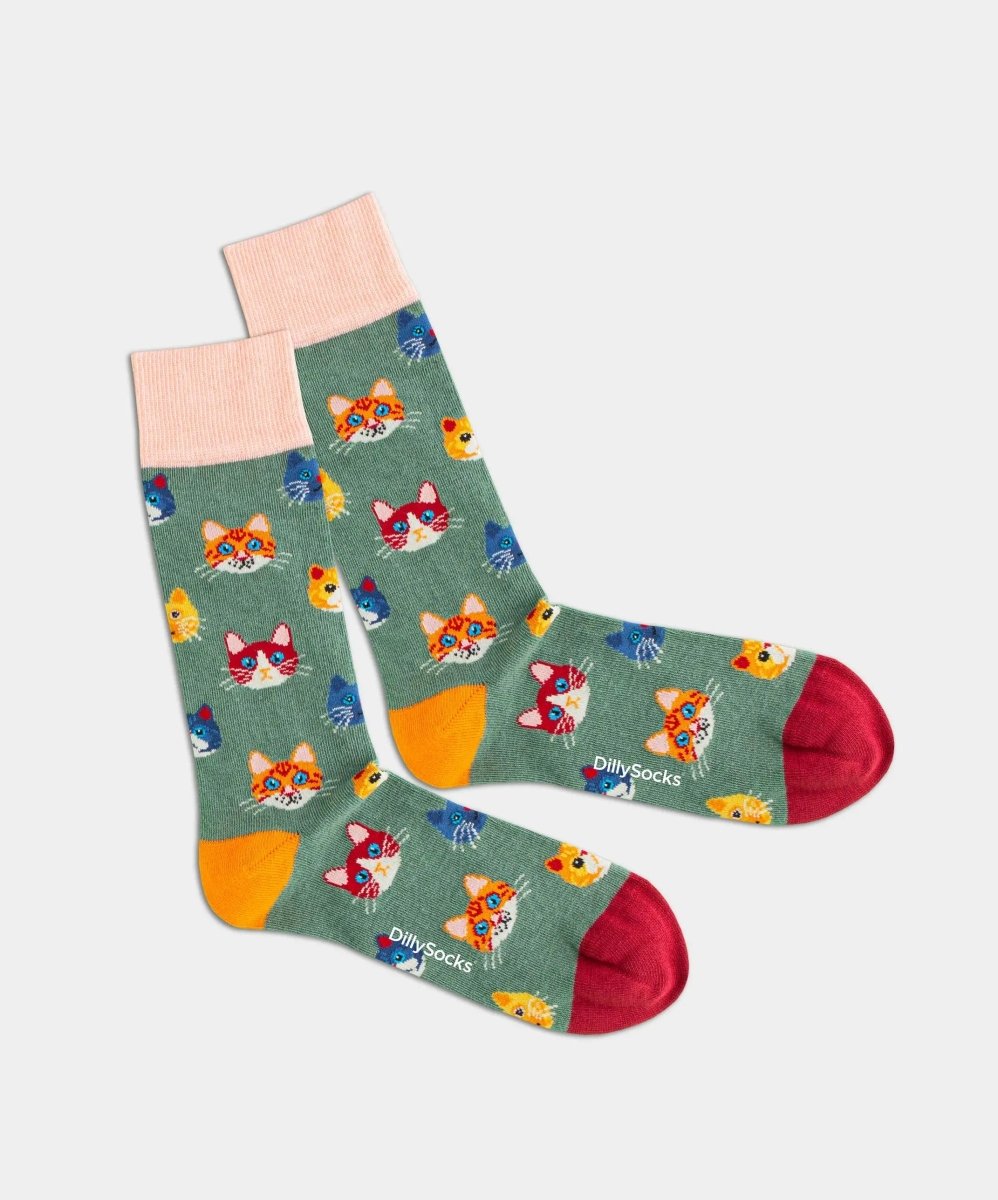 - Socken in Grün mit Tier Katze Motiv/Muster - Socken in Grün mit Tier Katze Motiv/Muster von DillySocks