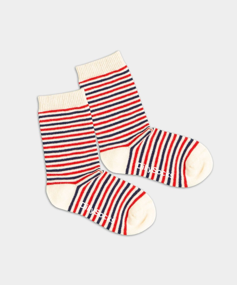 - Kindersocken in Blau Rot Beige mit Streifen Motiv/Muster - Kindersocken in Blau Rot Beige mit Streifen Motiv/Muster von DillySocks