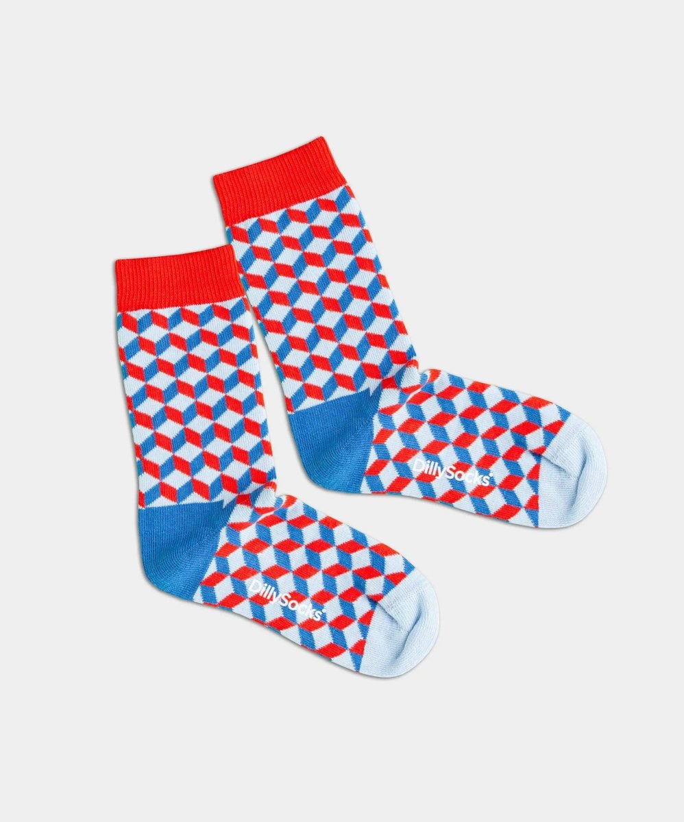 - Kindersocken in Blau Rot mit Dice Geometrisch Motiv/Muster von DillySocks