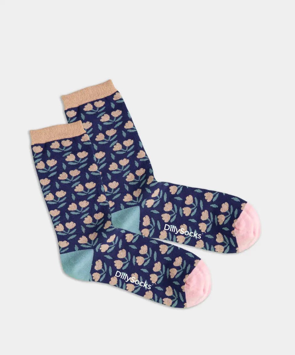 - Damensocken in Blau mit Blumen Motiv/Muster - Damensocken in Blau mit Blumen Motiv/Muster von DillySocks