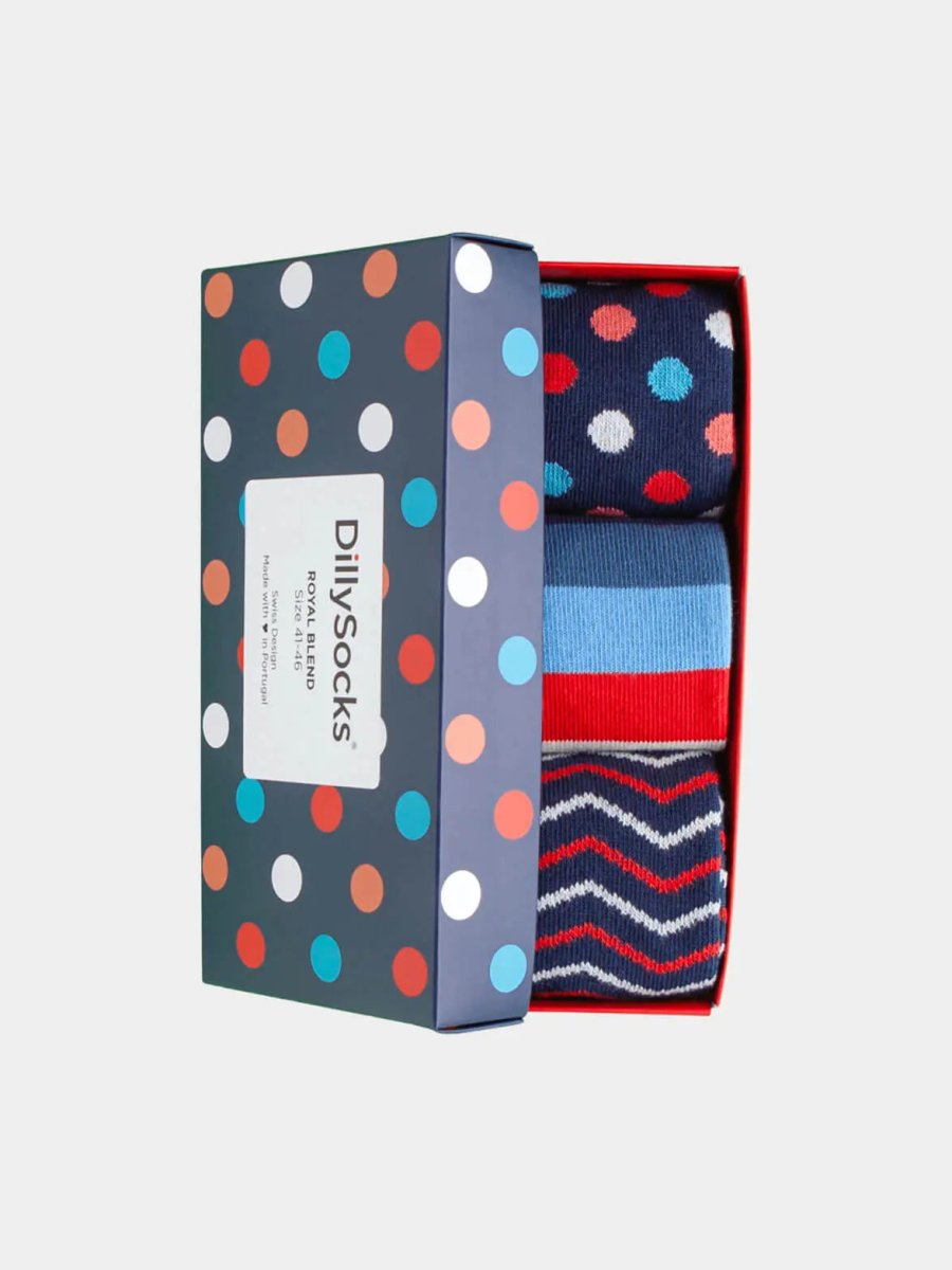 - Socken-Geschenkbox in Blau mit Punkte Streifen Motiv/Muster - Socken-Geschenkbox in Blau mit Punkte Streifen Motiv/Muster von DillySocks