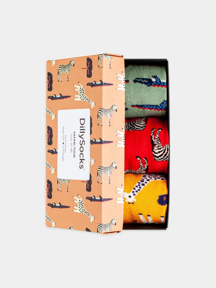 - Socken-Geschenkbox in Gelb Rot Grün mit Tier Motiv/Muster - Socken-Geschenkbox in Gelb Rot Grün mit Tier Motiv/Muster von DillySocks